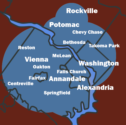 Winston's Service Area Map showing service area in blue