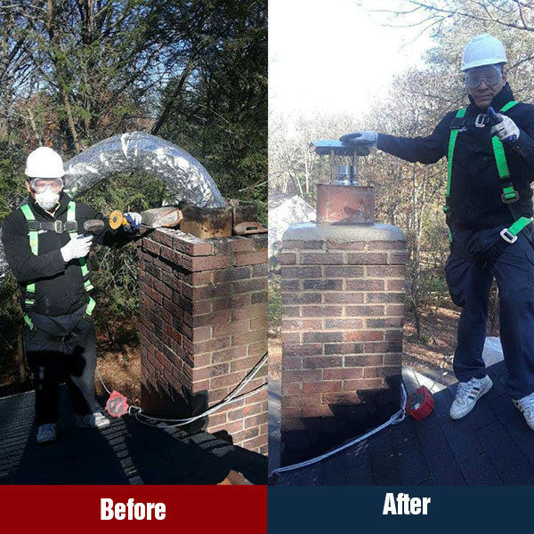 Before and after of chimney lining replacement and new chimney cap installation