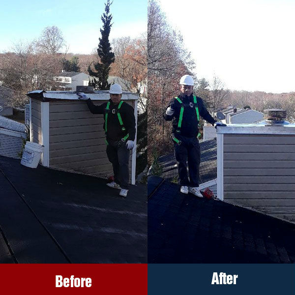 Before and after of chase cover installation and chimney crown repair - Tech is wearing safety gear.