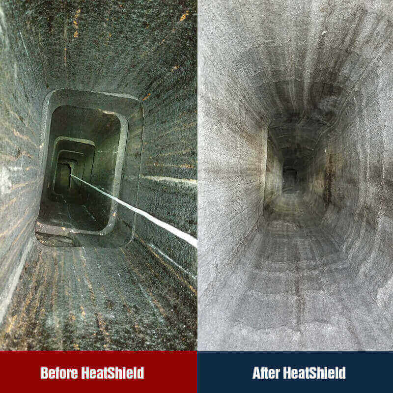 View looking down into chimney flue before and after Heatshield installation #1