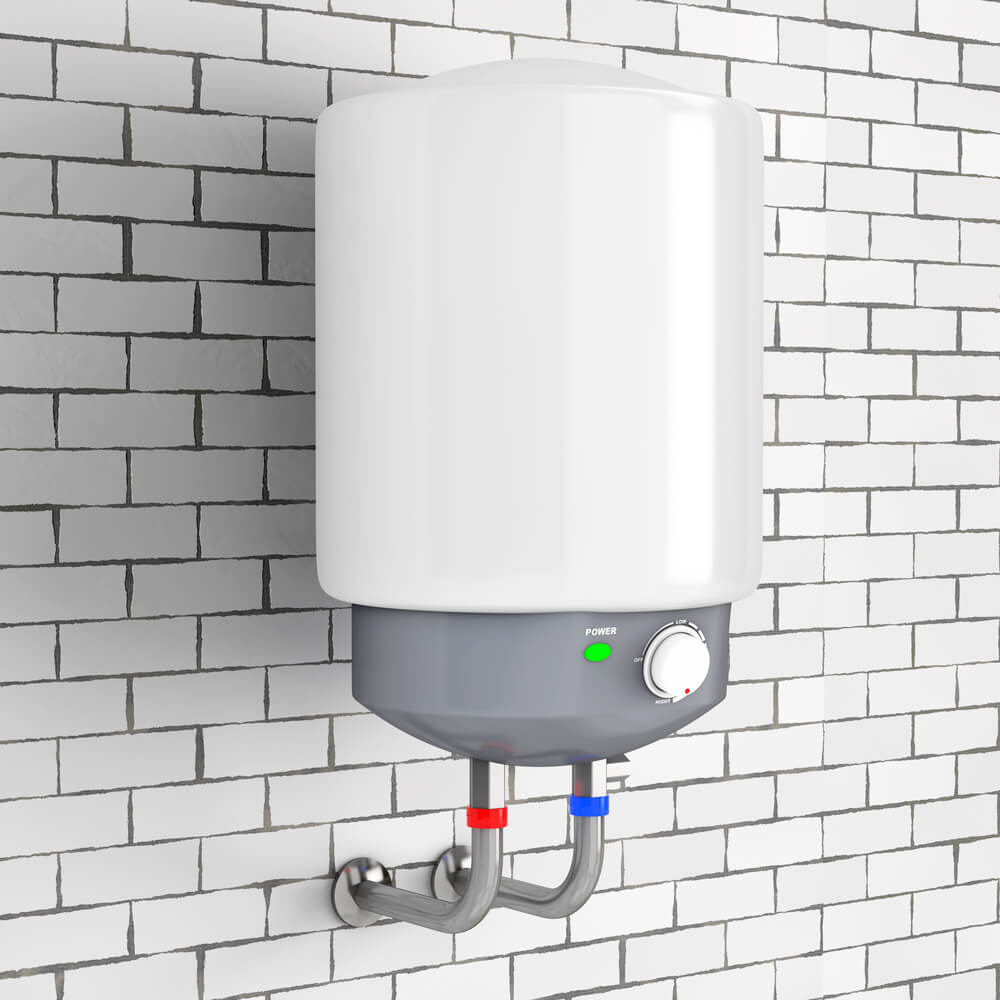 Winston's Chimney original photo of white tankless water heater - Arlington and Manassas, VA and Washington, DC White tankless water heater mounted on white subway tile wall.