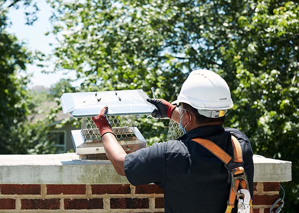 Chimney technician installing new stainless steel chimney cap