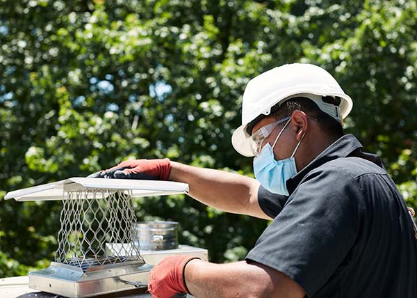 Chimney technician installing new chimney cap with top-end damper