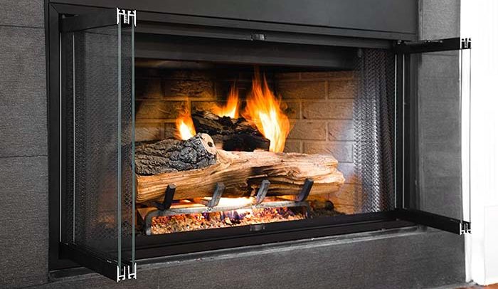 Gas Fireplace Insert set in a dark grey tile surround