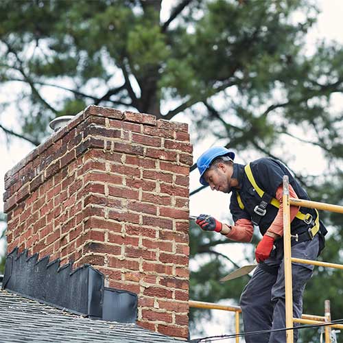 Chimney technician repairing masonry on chimney