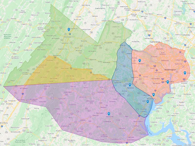 Winstons Chimney Service Area Map Showing Arlington, VA, Washington DC Metro, Northern Virginia and parts of Maryland