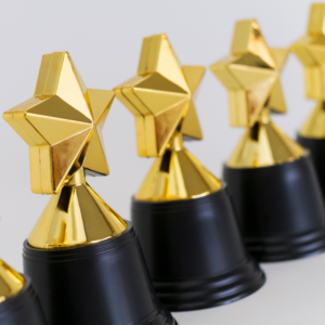 stock photo of gold star-shaped trophies