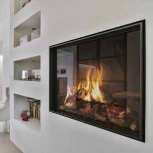 gas fireplace inside of a white wall