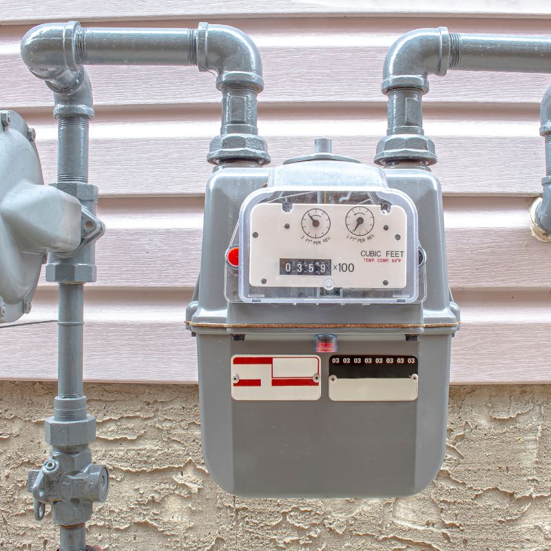 gray gas meter with gas lines coming out of it