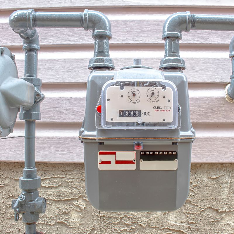 stock photo of gas meter gray gas meter with gas lines coming out of it