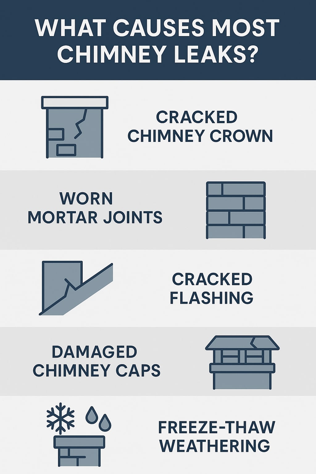 original infographic showing a vertically arranged list of common chimney leak causes using simple blue-gray line-art icons and bold navy text; the top section features a dark blue header reading “WHAT CAUSES MOST CHIMNEY LEAKS?” followed by five illustrated causes on alternating light gray and white backgrounds: a cracked chimney crown shown as a rectangular top with fissures in the masonry, worn mortar joints represented by a brick wall with uneven joints, cracked flashing depicted as bent metal flashing with a visible crack, damaged chimney caps shown as a two-tier cap with a break on one side, and freeze-thaw weathering illustrated with a snowflake, water droplets, and a small chimney base beneath them.