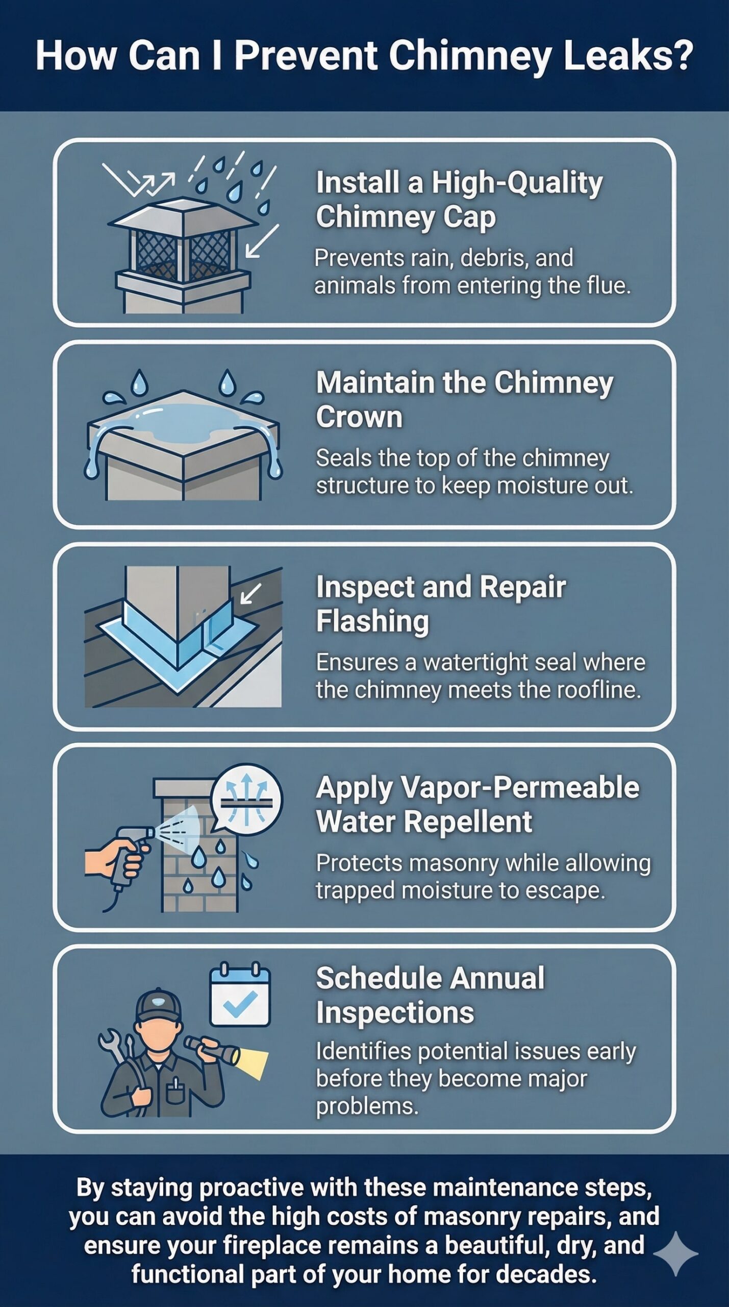 original infographic titled "How Can I Prevent Chimney Leaks?" designed in a vertical portrait orientation with a professional color palette of navy blue, slate grey, and white. The graphic is organized into five distinct sections, each containing a descriptive title, a brief explanation, and a relevant icon inside a rounded light grey box. The first section recommends to "Install a High-Quality Chimney Cap" to block rain and debris, shown with an icon of a capped chimney. The second advises to "Maintain the Chimney Crown" to seal the top structure, illustrated by a crown with water shedding off it. The third section highlights to "Inspect and Repair Flashing" for a watertight seal at the roofline, depicted with a chimney-to-roof icon. The fourth suggests to "Apply Vapor-Permeable Water Repellent" to protect masonry, shown with a hand spraying a brick wall. The final section encourages readers to "Schedule Annual Inspections" to catch issues early, featuring an icon of a technician with a flashlight and a calendar. The bottom of the infographic features a navy blue footer with white text explaining that proactive maintenance prevents high repair costs and ensures a functional fireplace for decades.