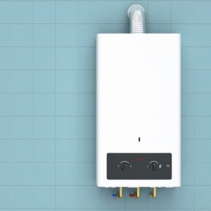 a white tankless water heater on a blue wall