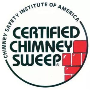 Circle logo that reads Chimney Safety Institute of America Certifed Chimney Sweep in black letters with drawing of red bricks in bottom right corner