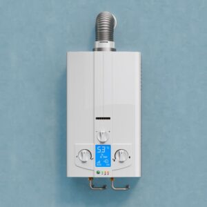 a white tankless water heater on a light blue wall
