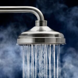 a shower head with hot water coming out and steam in the background