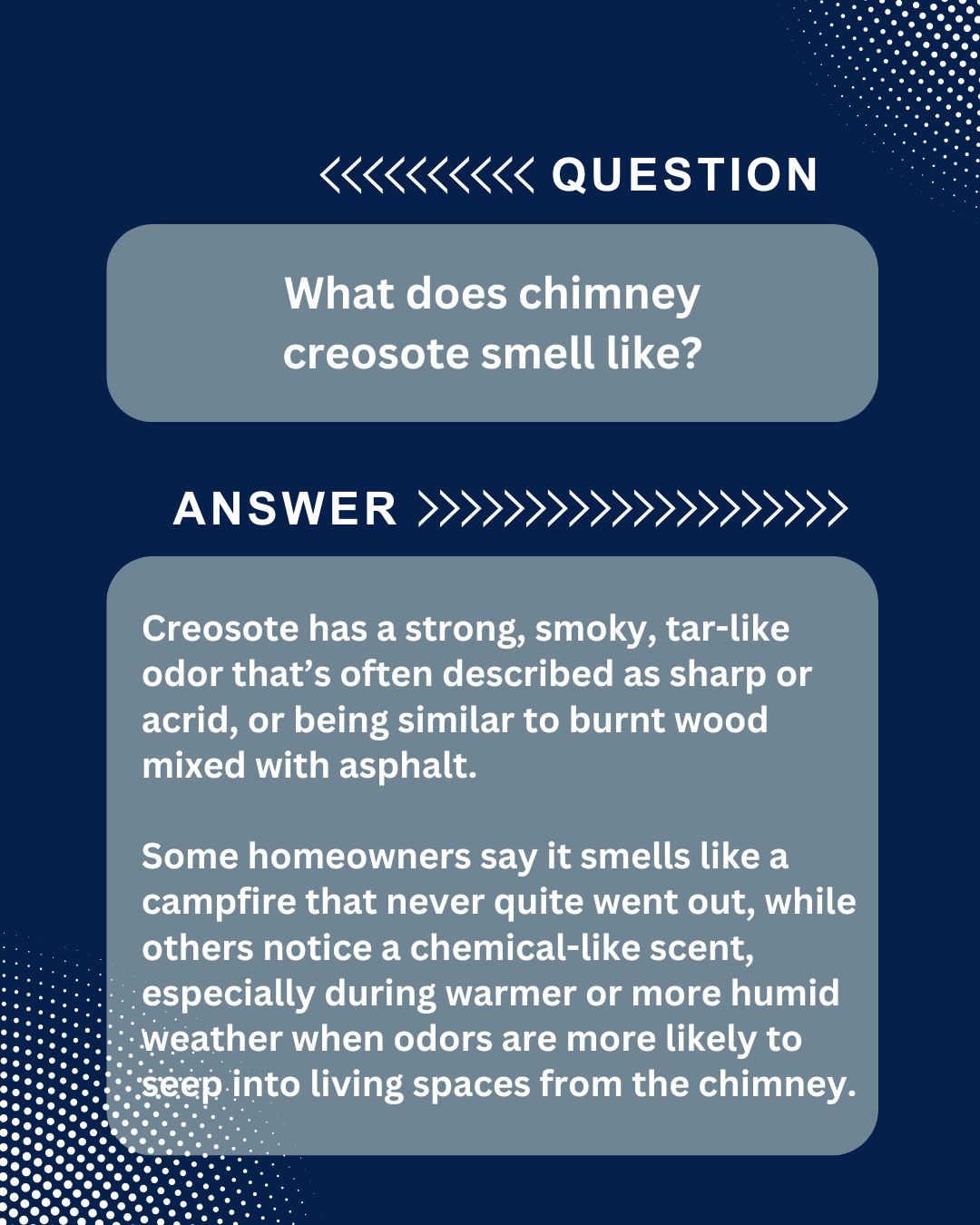Winston's HyperLocal Infographics original infographic set against a dark blue background with a white dotted pattern on the top right and bottom left corners. A light gray, rounded rectangular box at the top, bordered by light gray chevron arrows, poses the question: "What does chimney creosote smell like?" Below, a larger, light gray rounded rectangular box with a similar chevron border introduces the answer. The white text within describes creosote's strong, smoky, tar-like odor, often described as sharp or acrid, or resembling burnt wood mixed with asphalt, and mentions a chemical-like scent, especially in warmer, humid weather.