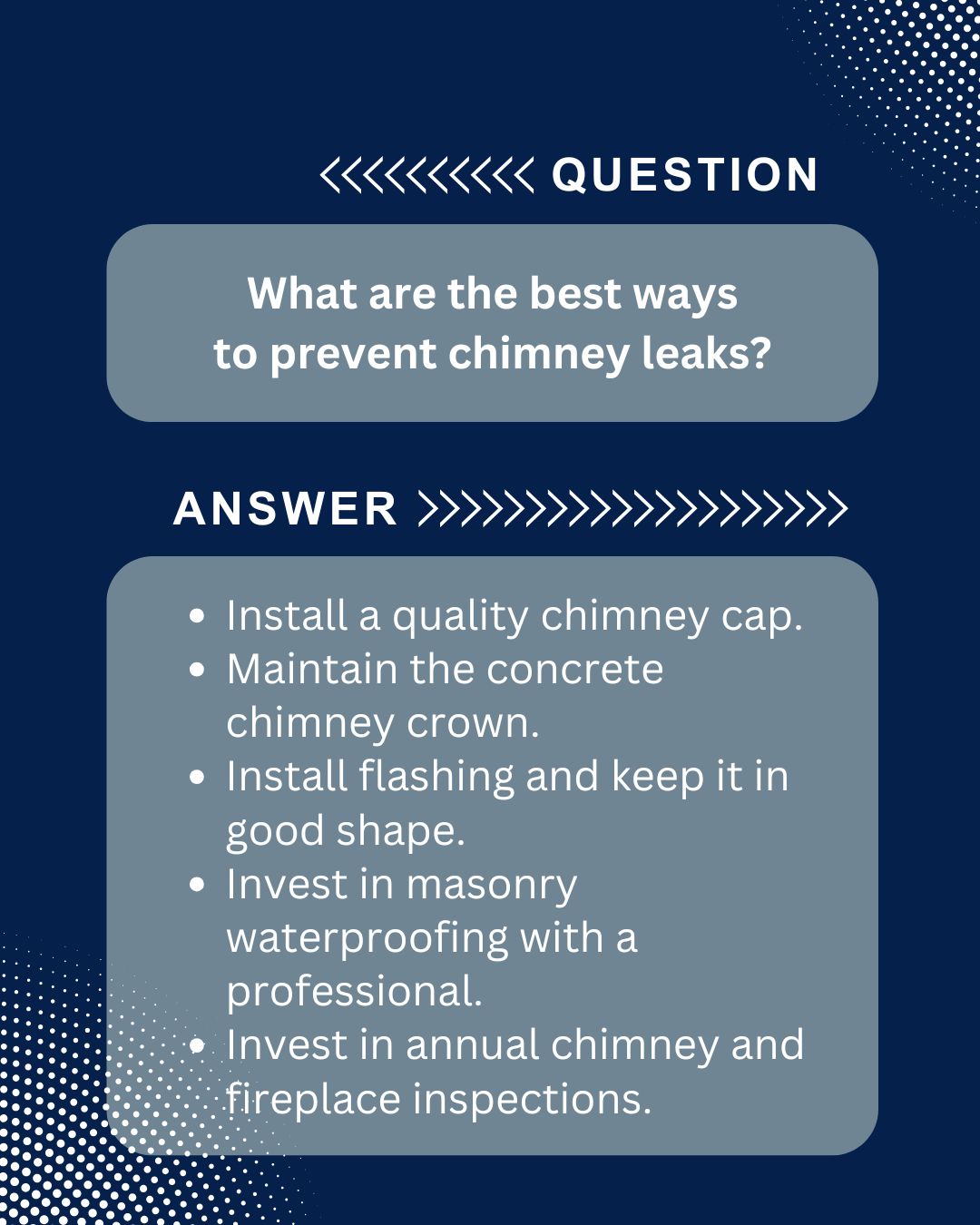 original text-based image details the best ways to prevent chimney leaks. Answers include:Install a quality chimney cap.<br />
Maintain the concrete chimney crown.<br />
Install flashing and keep it in good shape.<br />
Invest in masonry waterproofing with a professional.<br />
Invest in annual chimney and fireplace inspections.