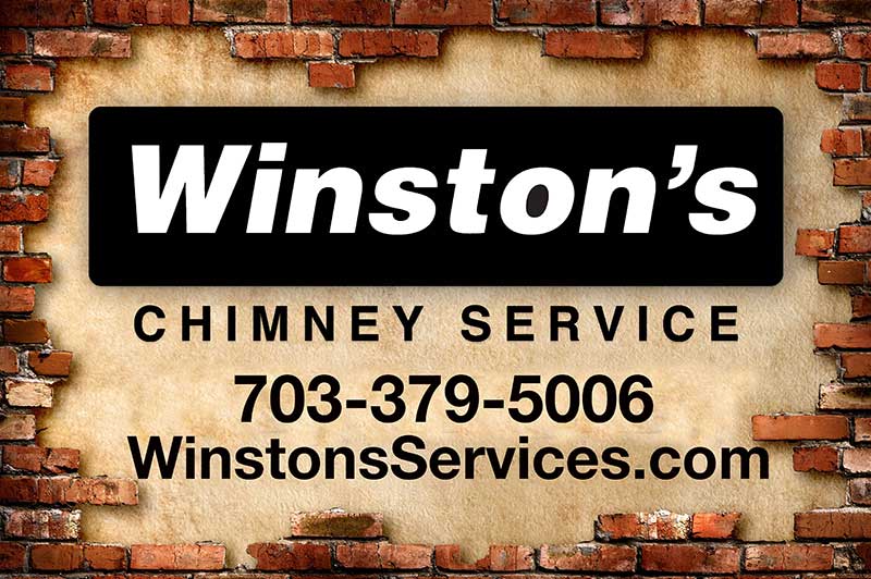 Winston's Chimney Service Logo with phone number and website surrounded by brick wall.